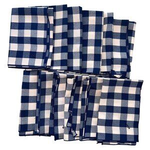 Set Of 12 NVY & WHT Gingham Cloth Napkins 18" Square Cotton Blend w/button hole